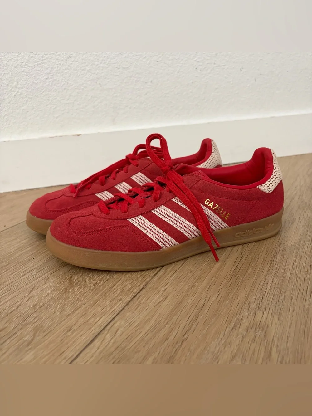 adidas Gazelle Red Suede Sneakers with Cream Stripes and Gum Sole - Picture 4 of 8
